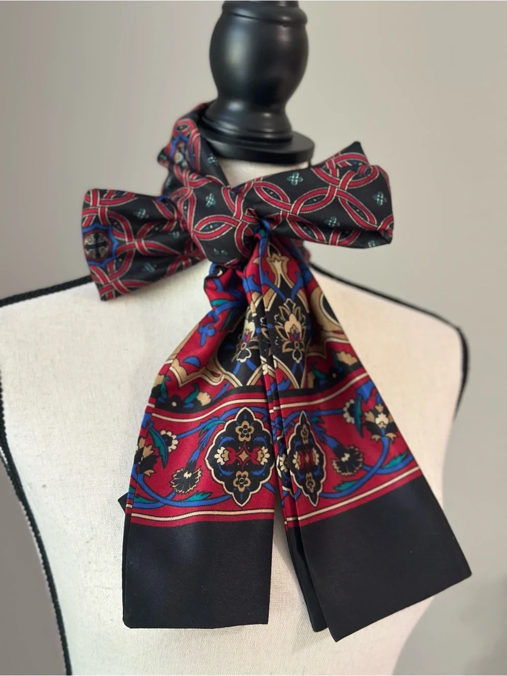 Silk-Feel Red & Black Printed Old Money Preppy Paris Ascot Scarf